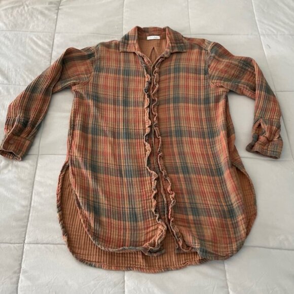 Free People x CP Shades Tunic Flannel Plaid Y2K Grunge $268 Beige Brown Like New - Picture 2 of 16